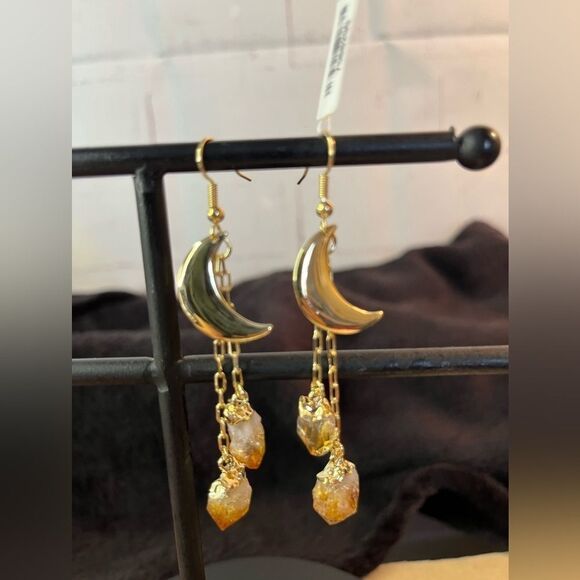 Brazilian Citrine Point Moon Dangle Earrings in Goldtone 27.00 ctw - Picture 13 of 14
